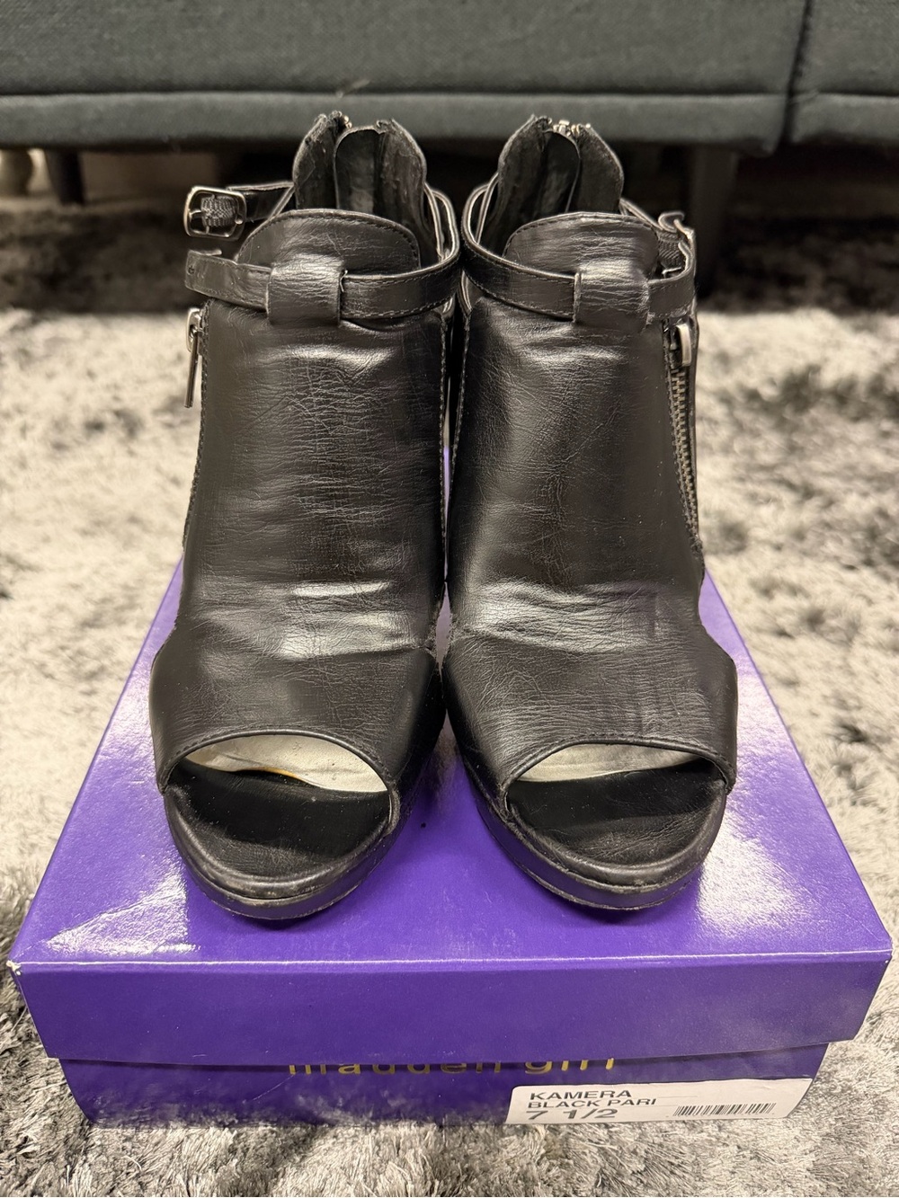 Madden Girl Black Peep-Toe Ankle Mules with Side Buckle